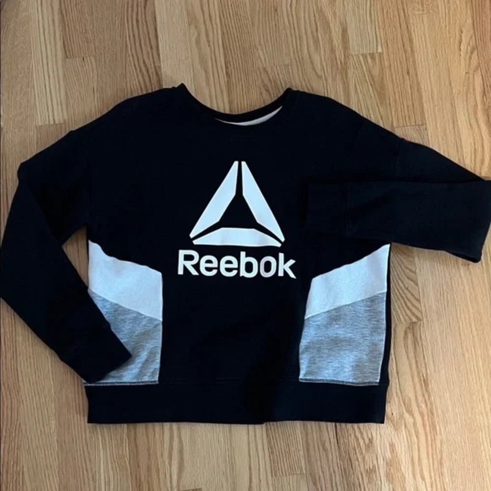 Reebok Black Crewneck Sweatshirt with White Logo and Gray Panels